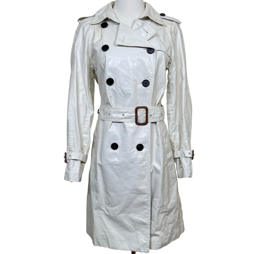 3.1 Phillip Lim Trench Coat 6 White Double Breasted Belted Faux‎ Leather Glossy